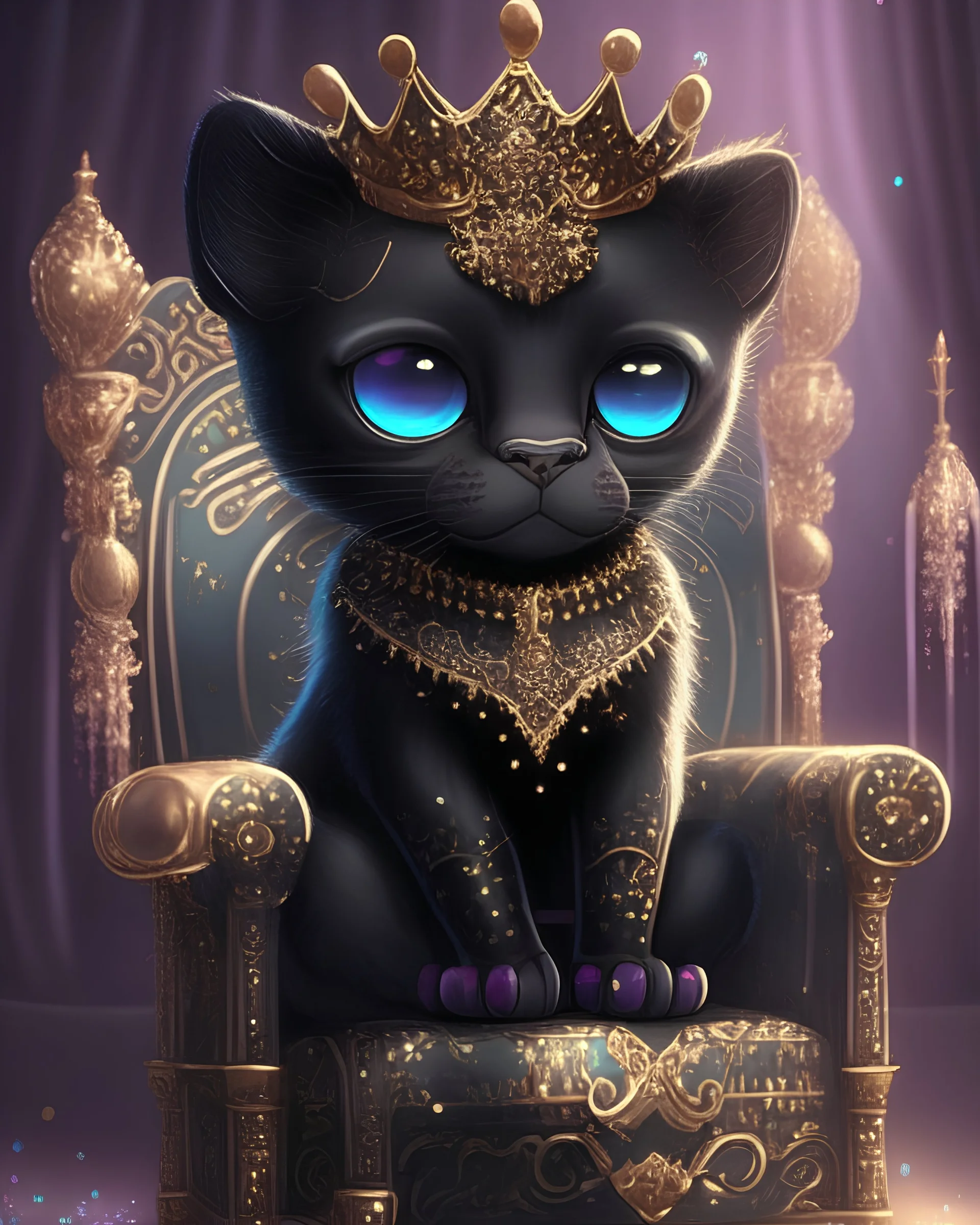 'Prince Meow' - a black jaguar in a prince's outfit, ready to claim his throne; cute, cartoon style, big eyes, long whiskers, adorable, glittery, sparkly, radiant, glowing, throne room