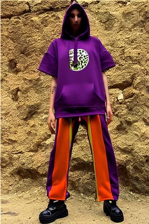 year 1999 women fashion, Techno, rave, Loose, baggy, low waist Combat pants, t-shirt, new kind of hoodie with high tippet! Colors: all denim colors, purple, khaki, light green, lilac, plum, orange, terracotta, red, pink, dark blue, beige. Patterns: lynx, balls, stripes. lynx belt. starling or owl prints. Women models. Sharon Stone, Sandra Bullock, Winona Ryder, Milla Jovovich, Big tennis shoes on. Latex, denim and leather e.g. in Leg warmers.