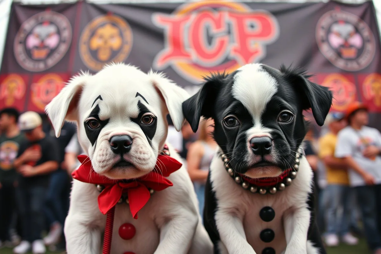 grainy Color photography, Insane Clown Puppies, two evil puppies in Insane Clown Posse Juggalo white and black clown face paint, background is a Insane Clown Posse rap festival with "ICP" and ICP band logo on a banner, color photo