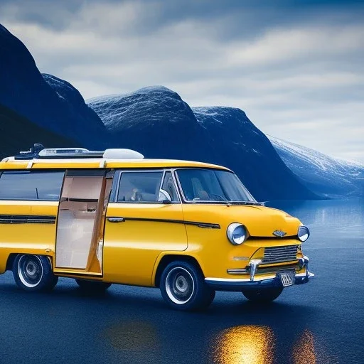 A newest Campervan is parking in a norwegian Fjord