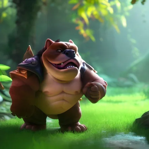 English Bulldog, league of legends, in the jungle, full detail, intricate detail, cinematic, 8 k, cel shaded, unreal engine, featured on artstation, pixiv, cartoon style