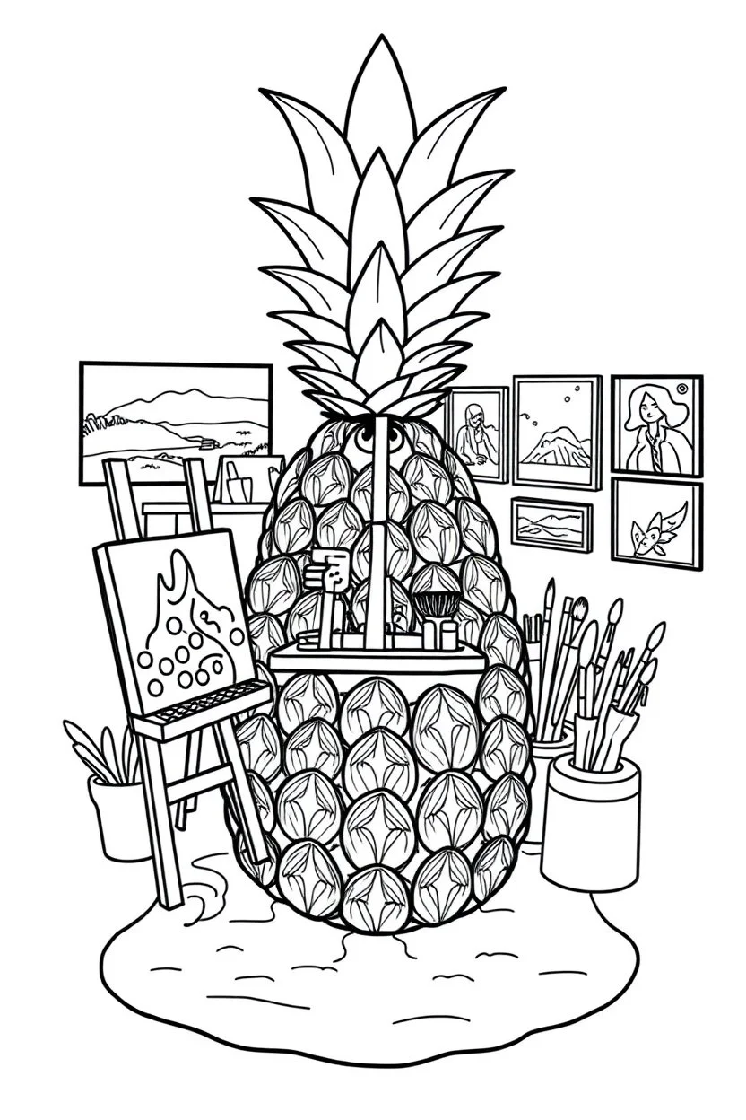 Pineapple Cozy Art Studio Coloring Page: A pineapple cross-section displaying an art studio. Features an easel, paint palettes, brushes, and artworks hung on the walls.