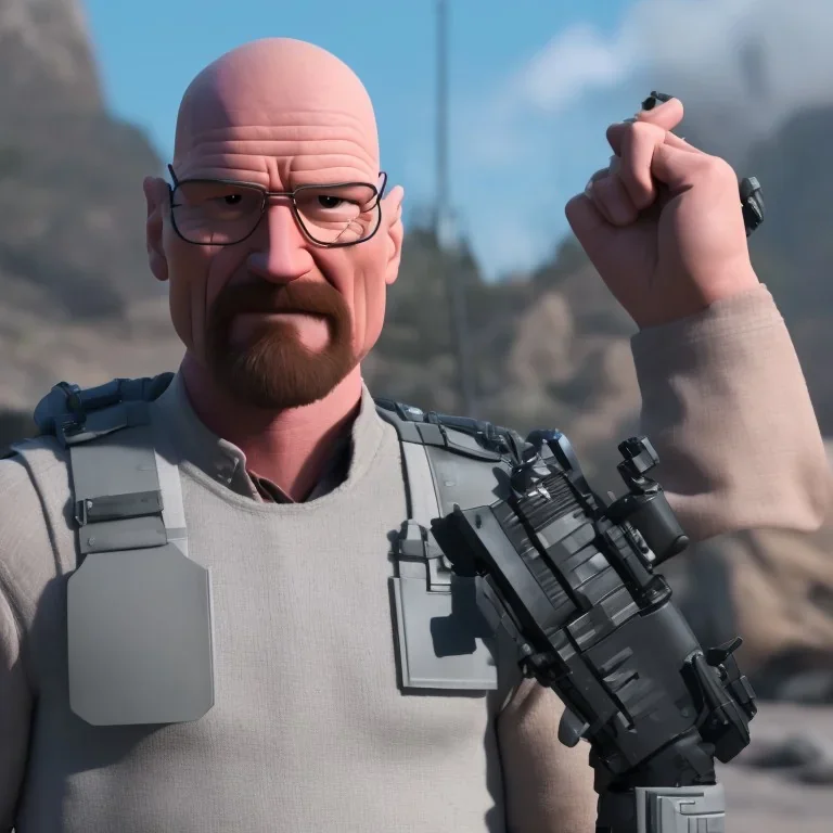 Walter White cyborg, 8k, tactical vest, helmet, gun.