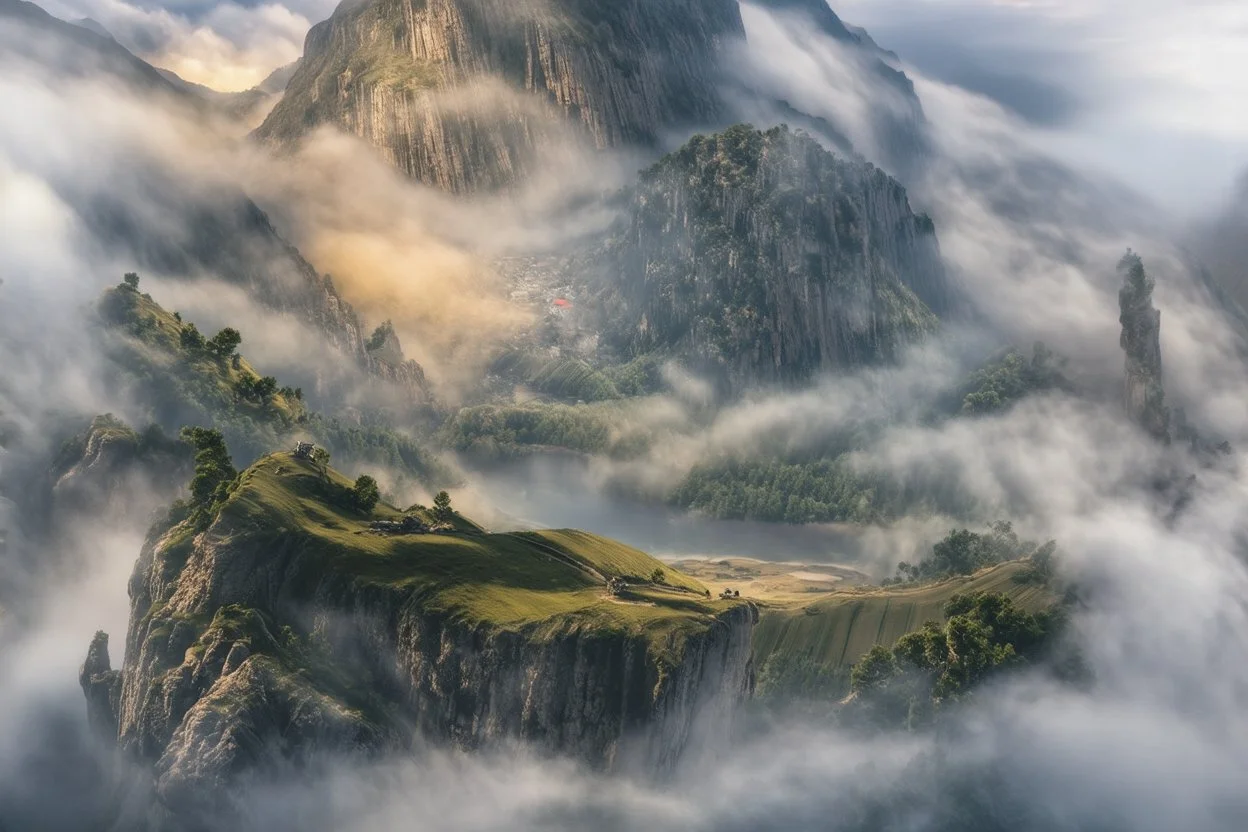 in the foreground, sheer cliffs reveal the ground far far below. reaching the top of those cliffs, a foggy valley reaches out, ended by another sheer cliff.