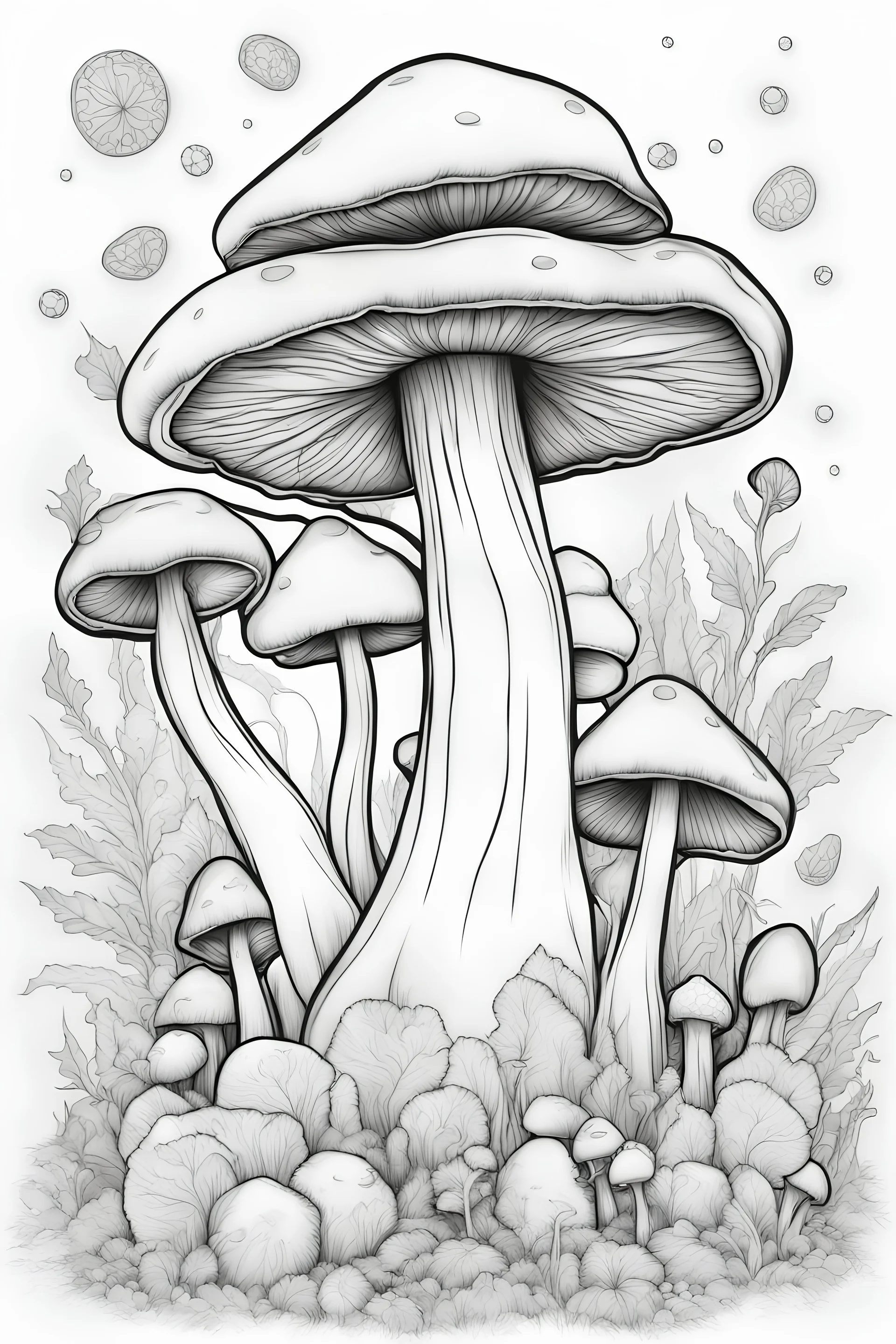 outline are for coloring pages with mushrooms, with crystals, white background, sketch style, full body, only use outline, clean line art, white background, no shadows and clear and well outlined
