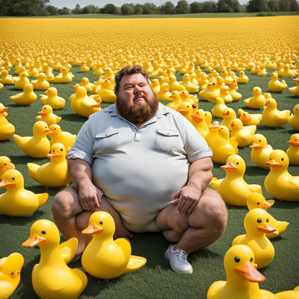 A fat, furry man is sitting in a field of yellow plastic ducks, eating an ice cream cone.