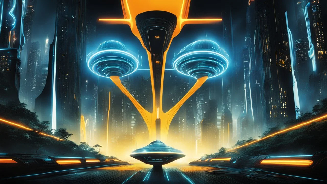 tron legacy movie, creatures,, space ships, city of the future, trees , forest, yellow, blue, red, orange