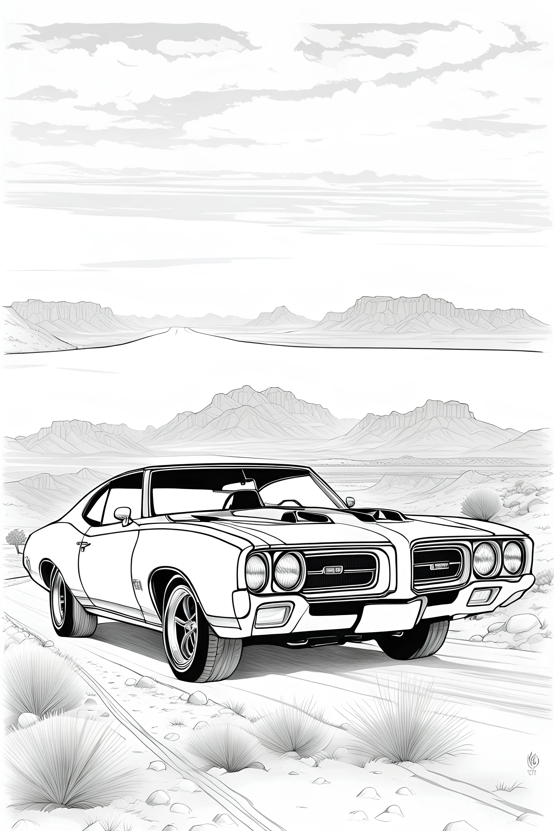 outline art for an adults coloring page, Pontiac GTO on a Desert Highway , white background, sketch style,no color , only use outline, clean art , white background, no shadows , no shades , clear well outlined, easy to color