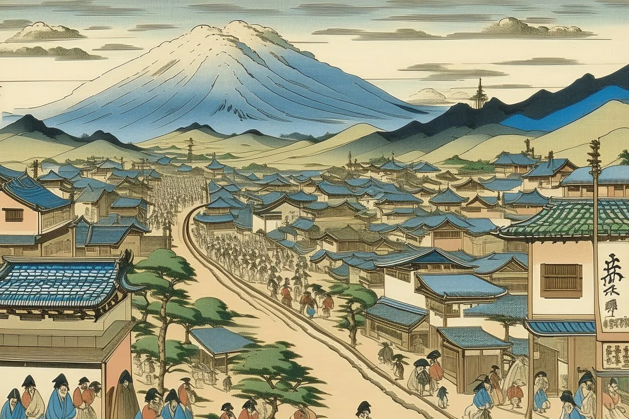 A tan Western town painted by Katsushika Hokusai
