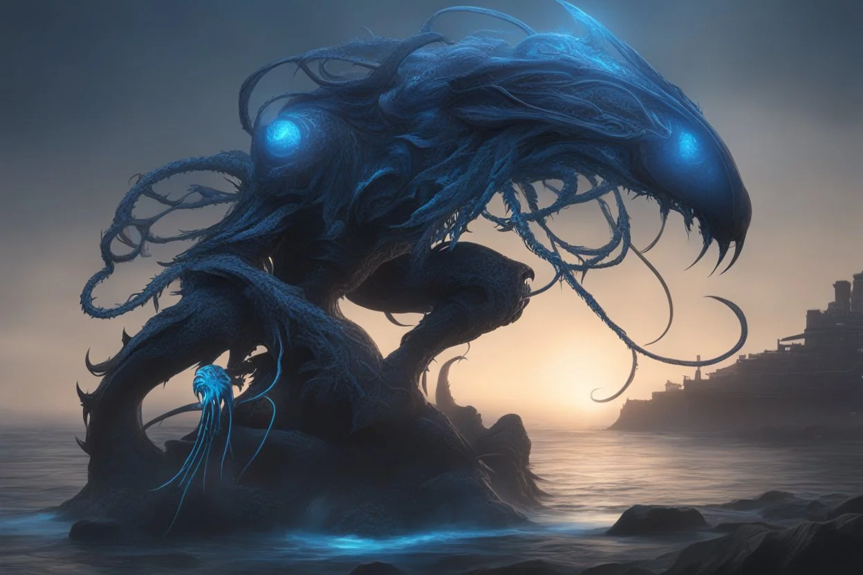 Huge symbiote in 8k nier automata drawing, Cthulhu model, neon blue lights, sea, intricate details, highly detailed, high details, detailed portrait, masterpiece,ultra detailed, ultra quality