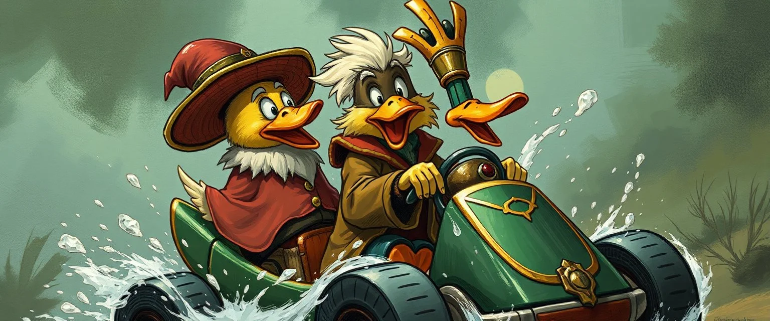 gokart mozart duck and bewildered frodo looks beyond really powerful, fantasy illustration