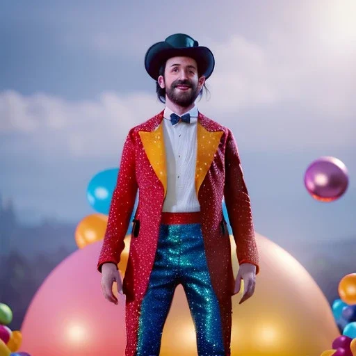 Ultra realistic circus scene. dancer man, waist up view, Wes Anderson style, happy, bubbles, party, confeti, highly detailed, concept art, unreal engine 5, god rays, ray tracing, RTX, lumen lighting, ultra detail, volumetric lighting, 3d, finely drawn, high definition, high resolution.