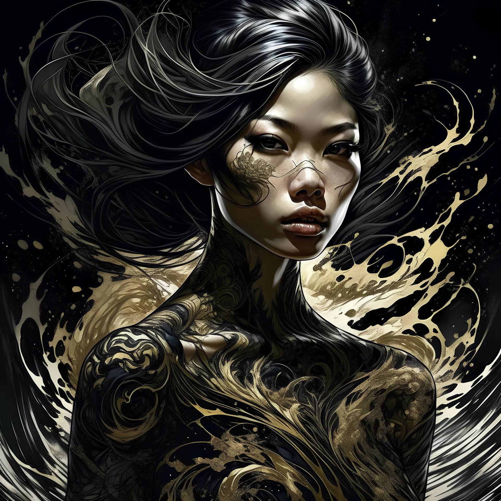 beautiful asian woman, Black ink flow, 8k resolution, photorealistic masterpiece by Aaron Horkey and Jeremy Mann, intricately detailed fluid gouache painting by Jean Baptiste, professional photography, natural lighting, volumetric lighting, maximalist, 8k resolution, concept art, intricately detailed, complex, elegant, expansive, fantastical, cover, golden and chrome tones