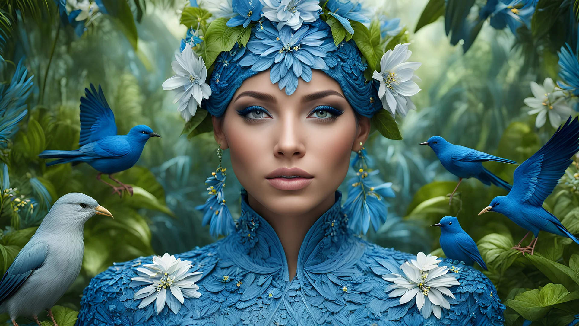 fashion photography portrait of blue human avatar, in blue lush jungle with flowers and birds, 3d render, cgi, symetrical, octane render, 35mm, bokeh, 9:16, (intricate details:1.12), hdr, (intricate details, hyperdetailed:1.15), (natural skin texture, hyperrealism, soft light, sharp:1.2)