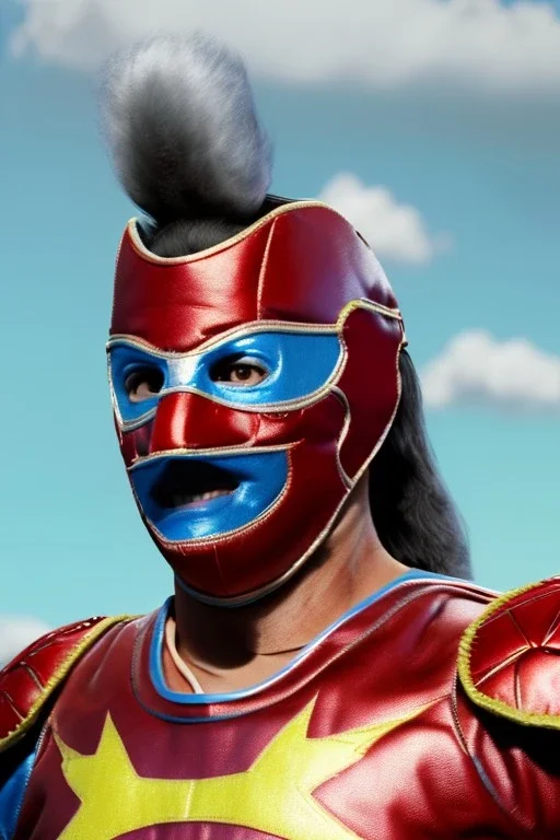 realistic image of joe biden as a mexican wrestling fighter posing, Mexican eyes wrestling mask, red and blue breeches, retro style, 80s, vibrant color, highly detailed, sky background, concept art, unreal engine 5, god rays, ray tracing, RTX, lumen lighting, ultra detail, volumetric lighting, 3d, finely drawn, high definition, high resolution.