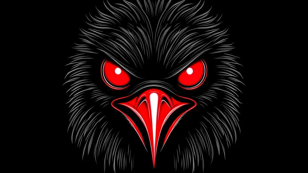 angry penguin | black background | red eyes | drawing style