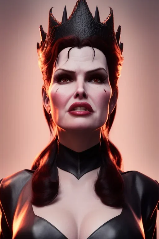 Geena Davis as evil queen in black leather, leather, busty, cleavage, angry, rage, stern look. character design by cory loftis, fenghua zhong, ryohei hase, ismail inceoglu and ruan jia. unreal engine 5, artistic lighting, highly detailed, photorealistic, fantasy