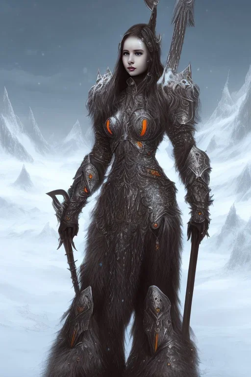 Beautiful warrior girl, wearing futuristic black metal armor, glowing orange armor, snow mountain background, snow, fur cloak