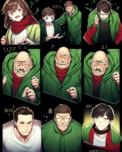 16 year old boy, wears a green hoodie, green coat open in the middle, white shirt under the coat, wears a red scarf, sunken eyes bleeding black, black background reminiscent of a nightmare, He has short brown hair, a genocidal, psychopathic expression.