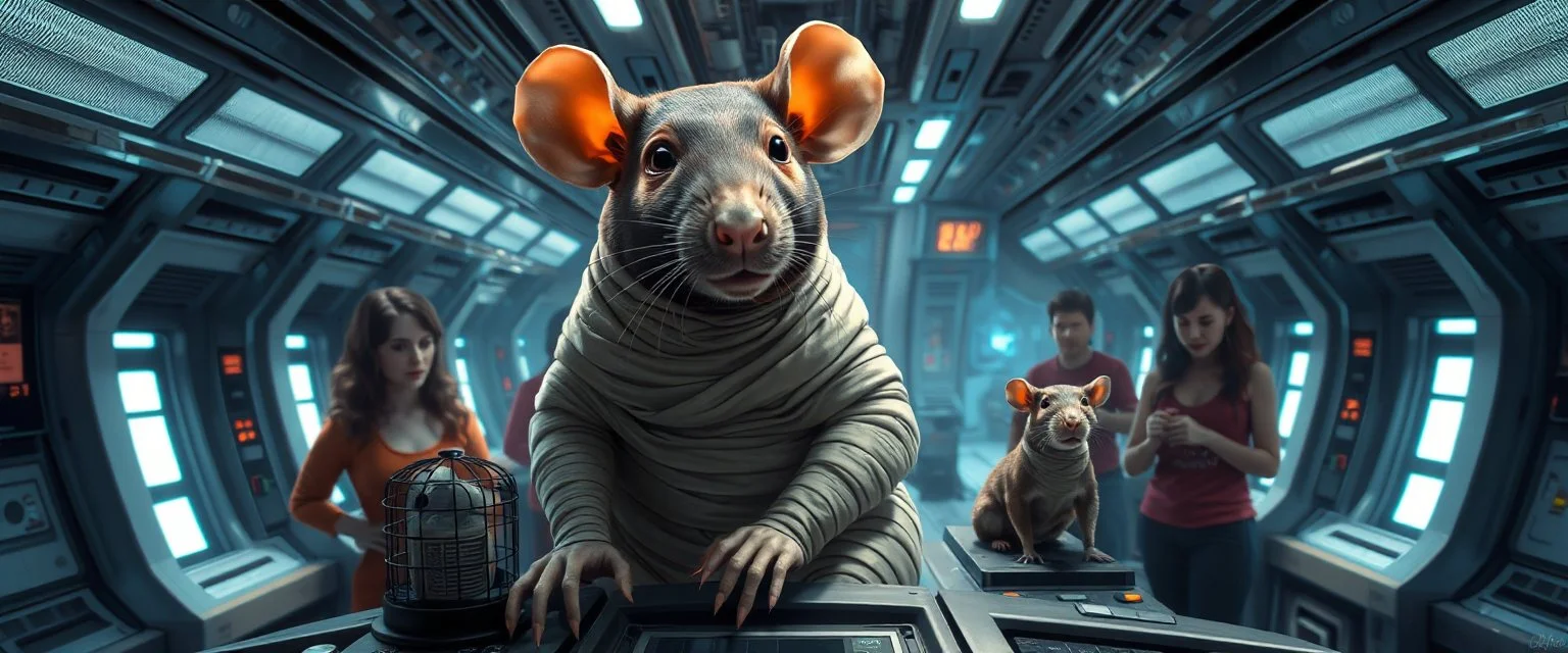 9️⃣ Crew Euphoria "Inside spaceship bridge and hallways. Crew visibly relaxed and productive. Giant mummy rat sits confidently on console, alert but calm, bandages clean, eyes intelligent and sly. Small caged rat and stasis rat subtly visible. Mood: calm triumph, satisfaction. Style: expressive features on rats, Rembrandt-inspired lighting highlighting faces and shadows."