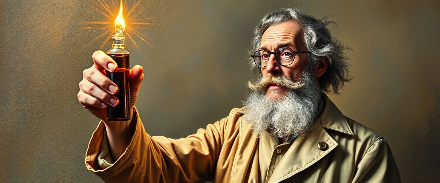 pin hole cam, master oil painting by Rembrandt, realistic rendering of crazy scientist holding a holy super power vial
