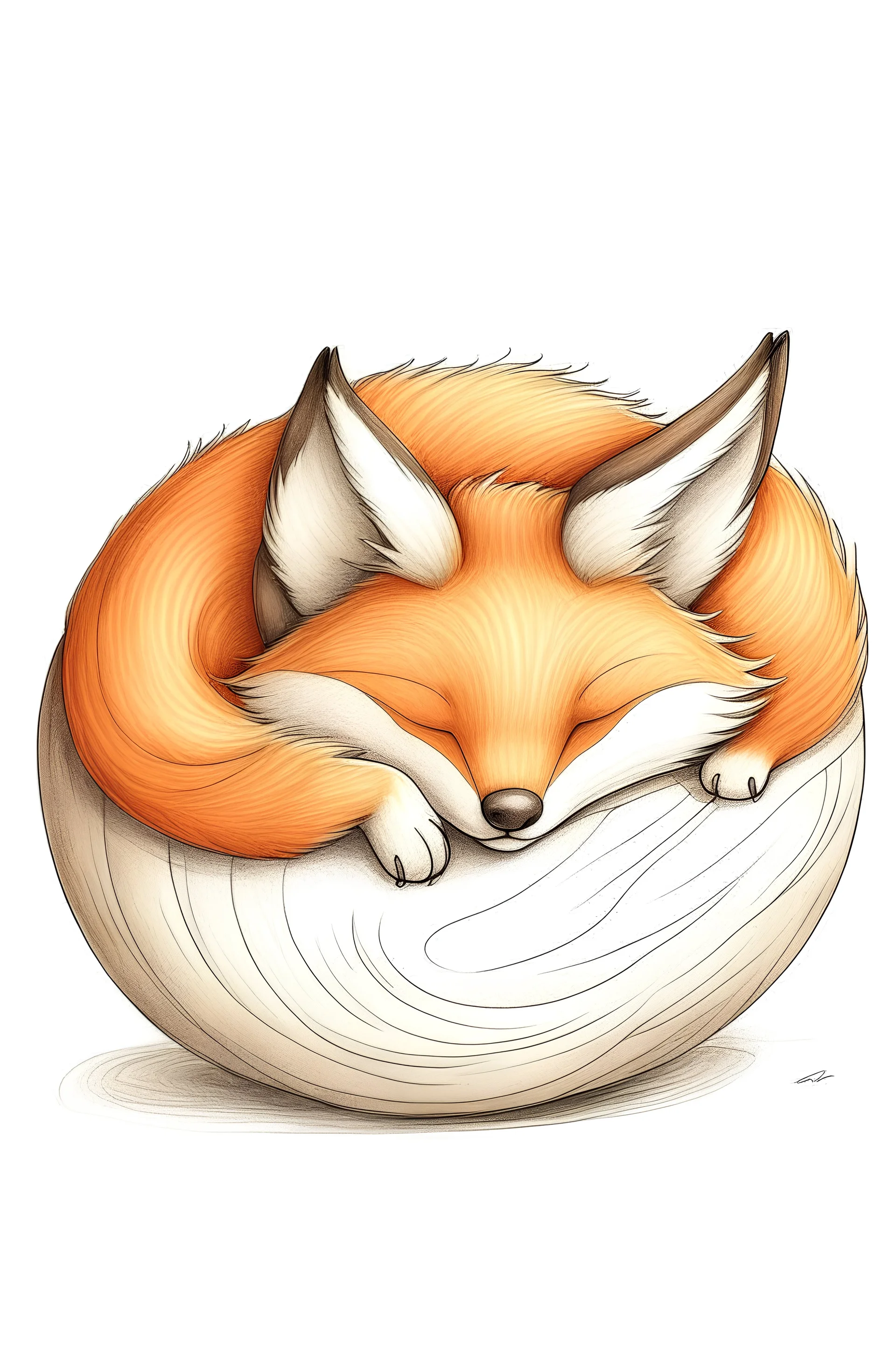 an adorable slightly cartoony fox curled in a ball in soft pencil crayon on a white background.