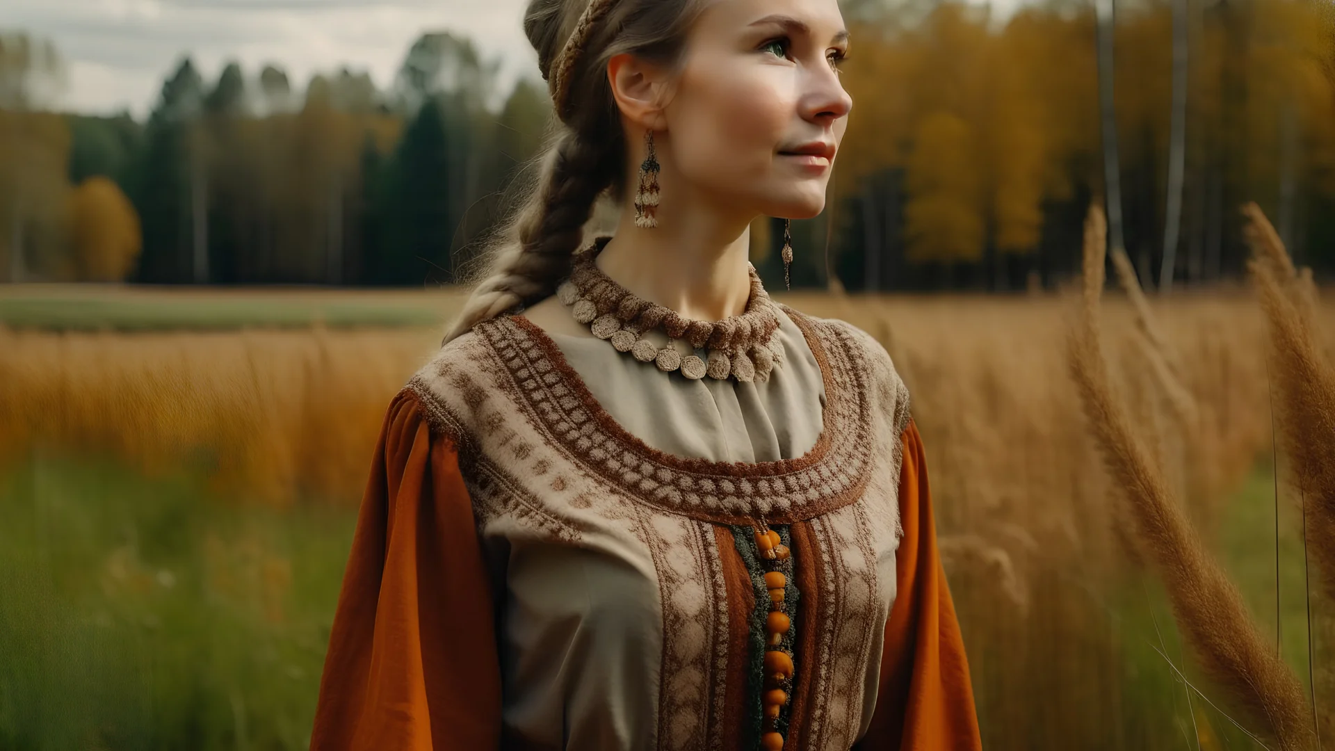 A slavic woman standing infront of a beautiful landsape .