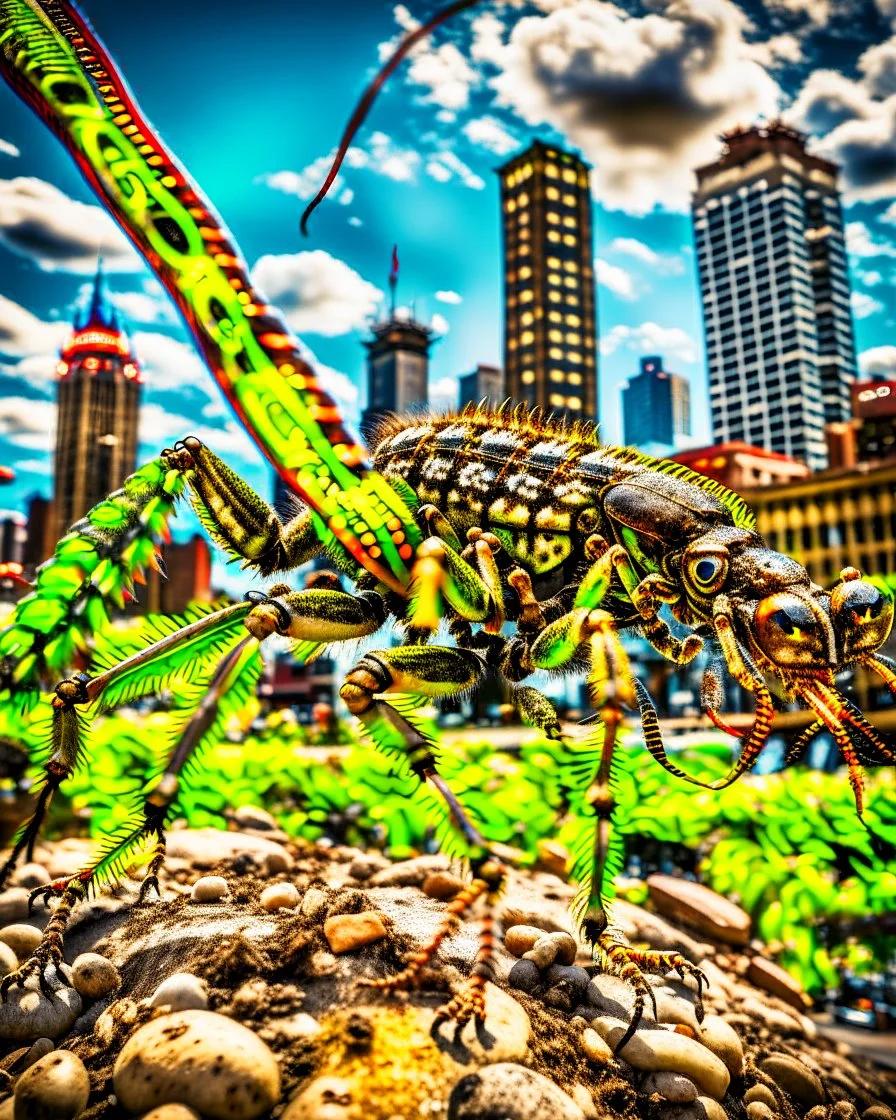 a national geographic style photograph of a eagle mantis lizard hybrid attacking detroit