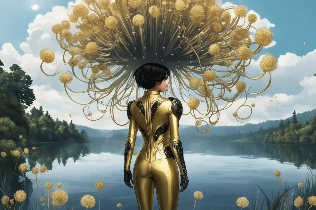 A skinny woman with black hair, in a gold and black android suit, standing, looking out over a lake, with flying dandelion heads with octopus tentacles, with tall narrow cloud trees in the distance