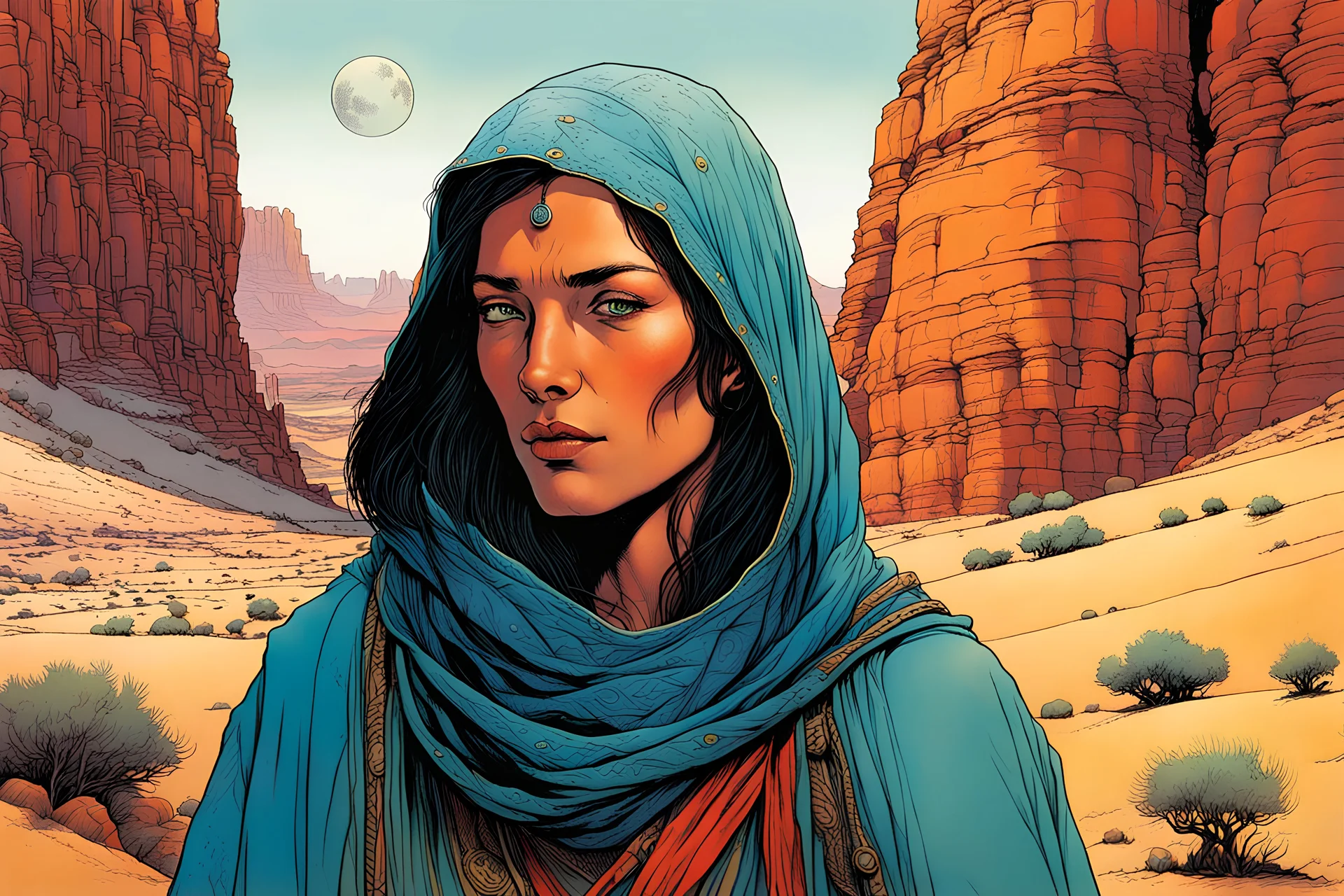 create an portrait of a nomadic shepherdess with highly detailed, delicate feminine facial features, inhabiting an ethereal desert canyon land in the comic book style of Jean Giraud Moebius, David Hoskins, and Enki Bilal, precisely drawn, boldly inked, with vibrant colors