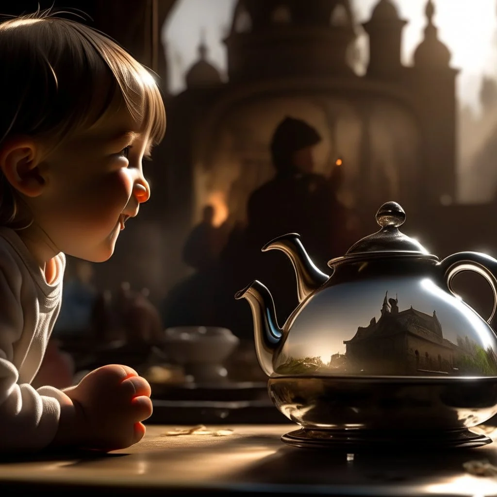 A teapot is shining and a child is looking at it, laughing, and the child’s image is reflected in the teapot, and behind the child is the reflection of a destroyed city.