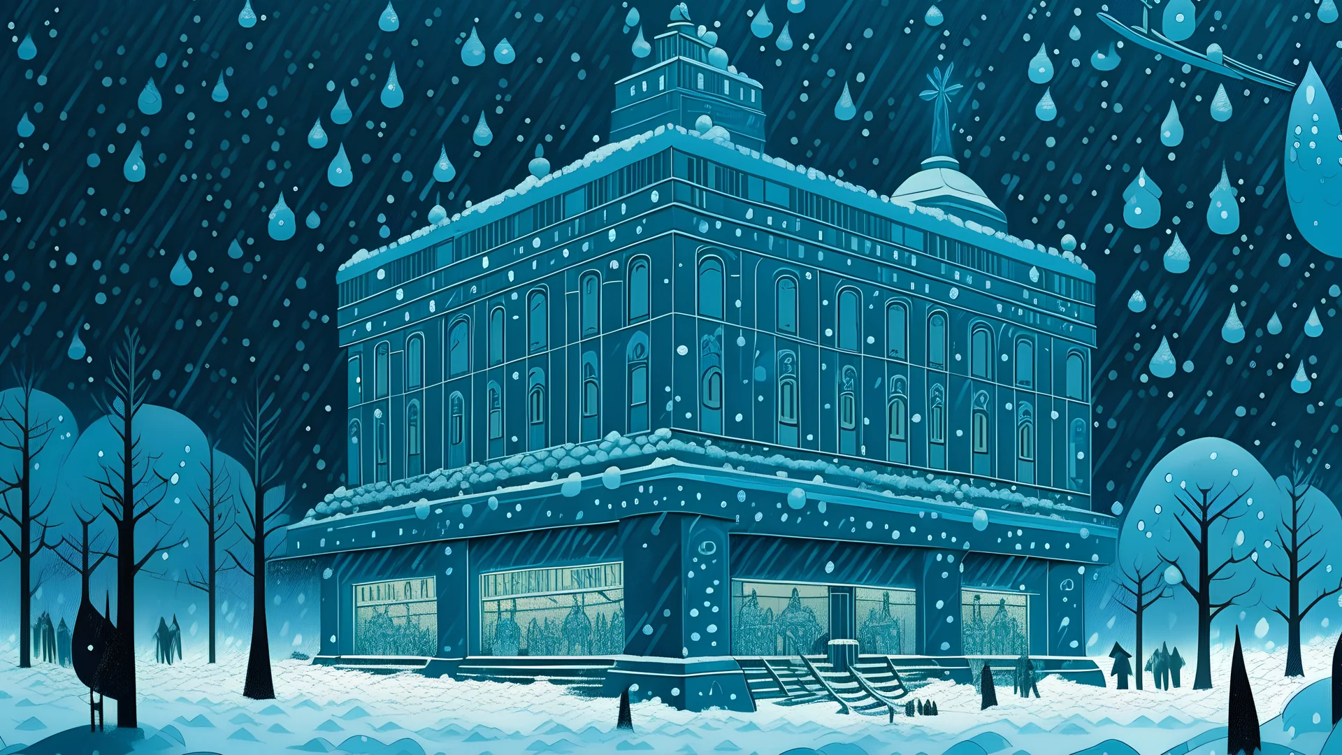 A cyan casino in a snowstorm painted by MC Escher