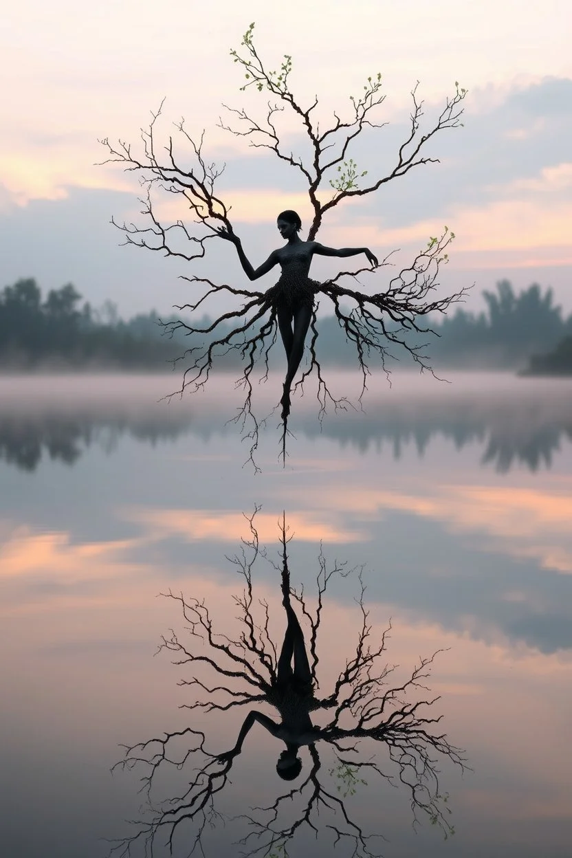 [High-resolution surrealist photography], [A floating Darwis fuse with tree branches, with roots growing from its body and delicate leaves sprouting from the hand, hovering above a calm, reflective lake at dawn], [magical and poetic look, merging nature and music to evoke a sense of harmony and life emerging from sound], [outdoor setting with a serene lake, where the still dancer perfectly reflects the and the soft, pastel-colored sky, creating a mirror-like effect], gentle, golden morn