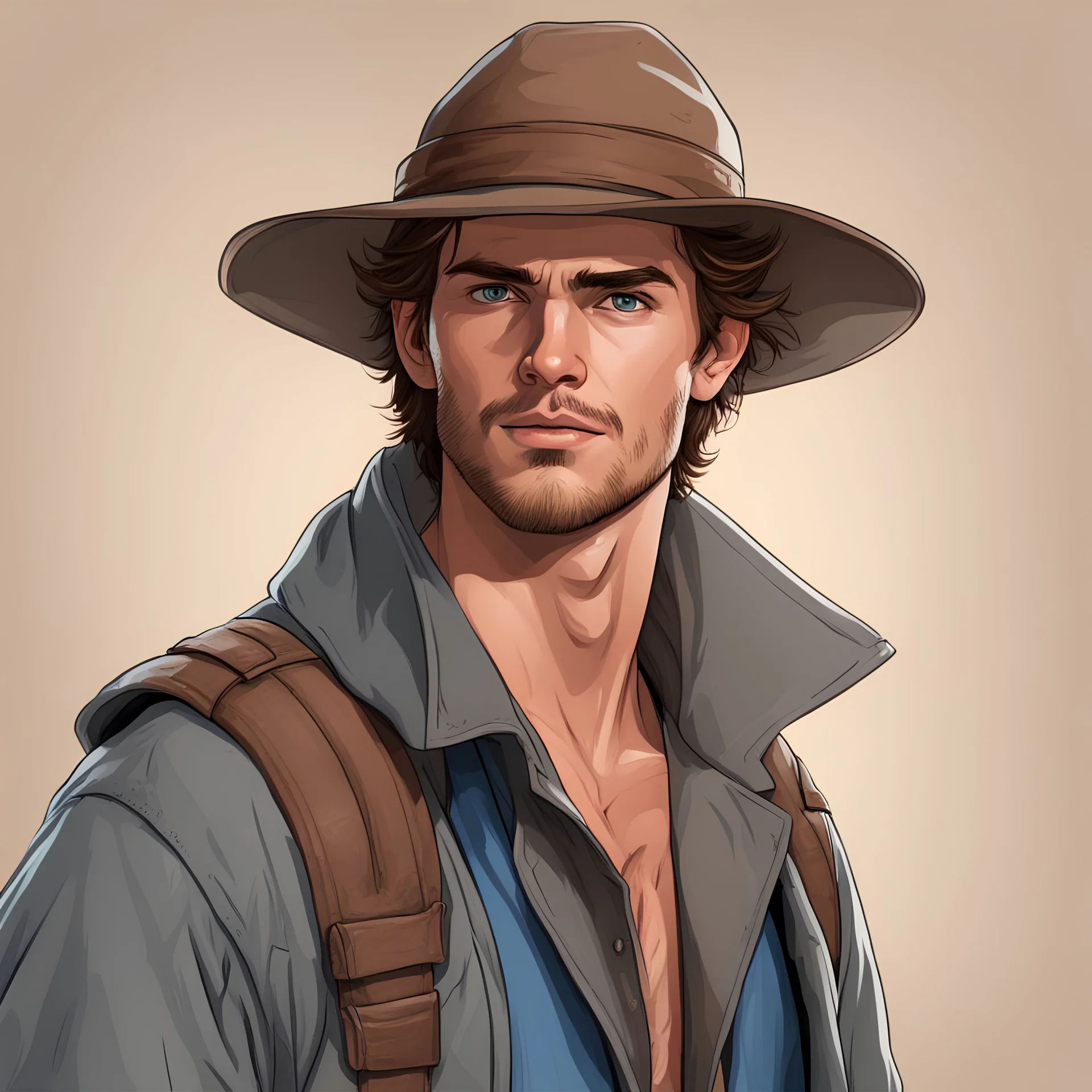 Create a character portrait of Cole “Whip” Collins, a 27-year-old male wizard adventurer with an Australian accent. He stands at 5’11” with short, messy brown hair, light tan skin, and piercing green eyes. Cole wears a practical blue robe that converts into a rugged trench coat and an Indiana Jones-type hat. He carries a coiled leather whip named “Whipwind” and a small satchel containing his spellbook and journal. signet ring on a chain around his neck.