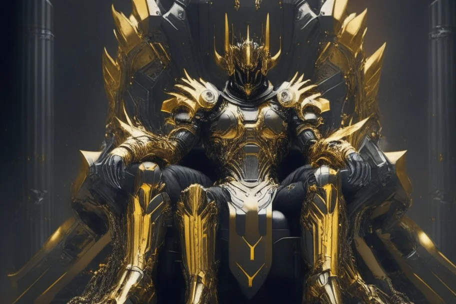 armadura dorada y negras super futurista, sentada en un trono negro con cañones