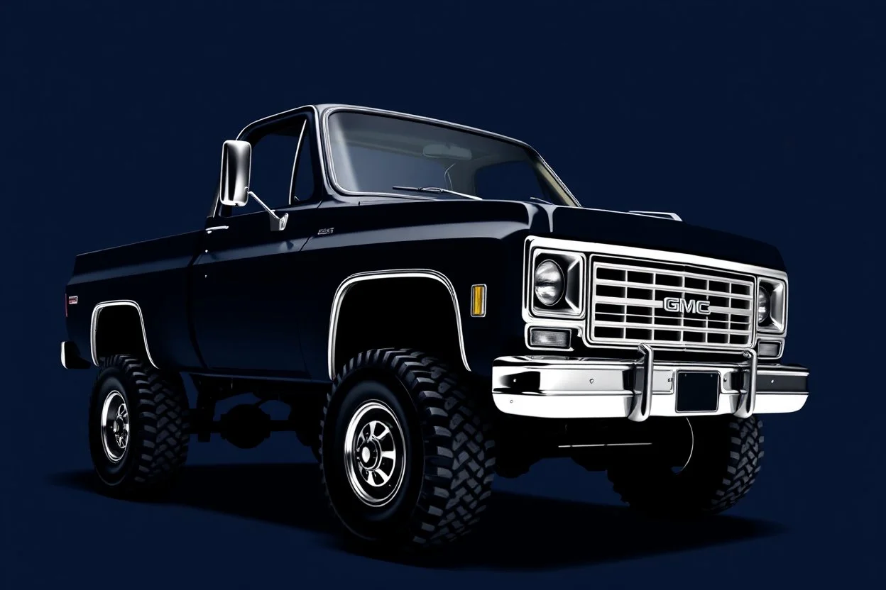 front corner 1973 GMC square body truck(lifted) facing to viewer's left, navy blue background, high contrast black and white vector