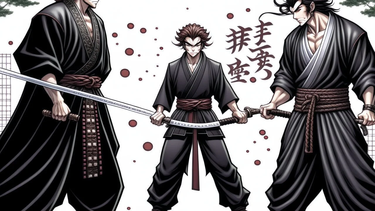 yujiro hanma vs yoriichi tsugukuni, baki vs kimetsu no yaiba, two mans standing in front of each other, a big strong man in black shirt with red hair and evil grin in martial art's stance facing a smaller feminine swordsman with long hair and calm face reaching for his sword in traditional japanese clothes both preparing to fight each other