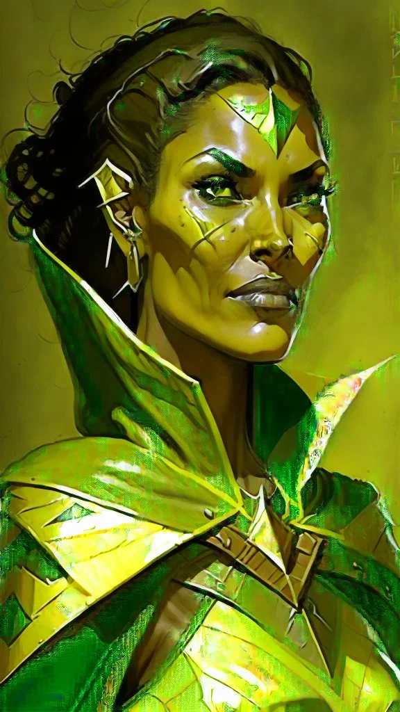 A tall woman with tanned skin. Her face, marked by the years, always has a smirk on it, showing her superiority in the eyes of the others. She is dressed in leather armor and wears a yellow and green cape. A scar runs from her right ear to her neck.