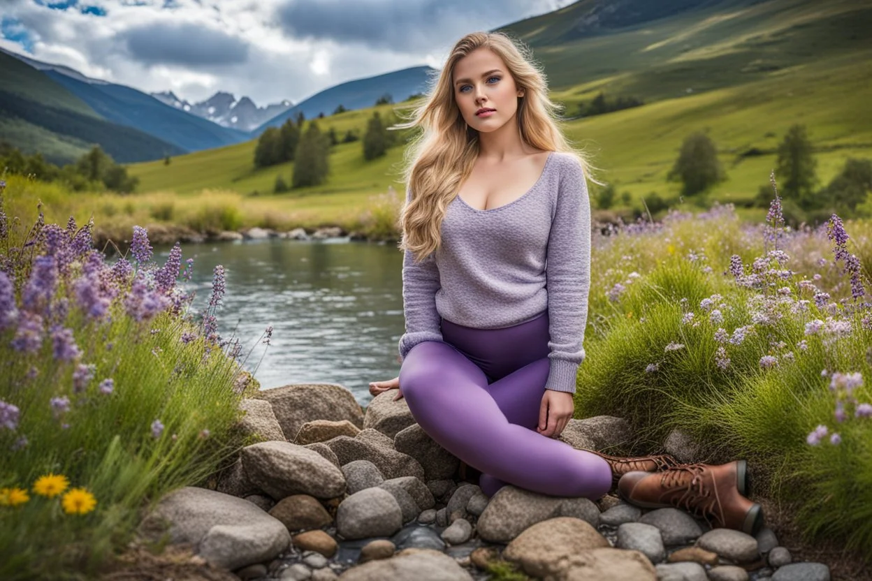 country side ,blue sky , mountains, pretty clouds ,small rocky river with clear water small rocks in floor,wild flowers,beautiful 18 year old girl with ash blonde hair and blue eyes with her curvy hair down, wearing a long-sleeved woollen top, and lilac long leggings, with long red boots full body standing pose shot