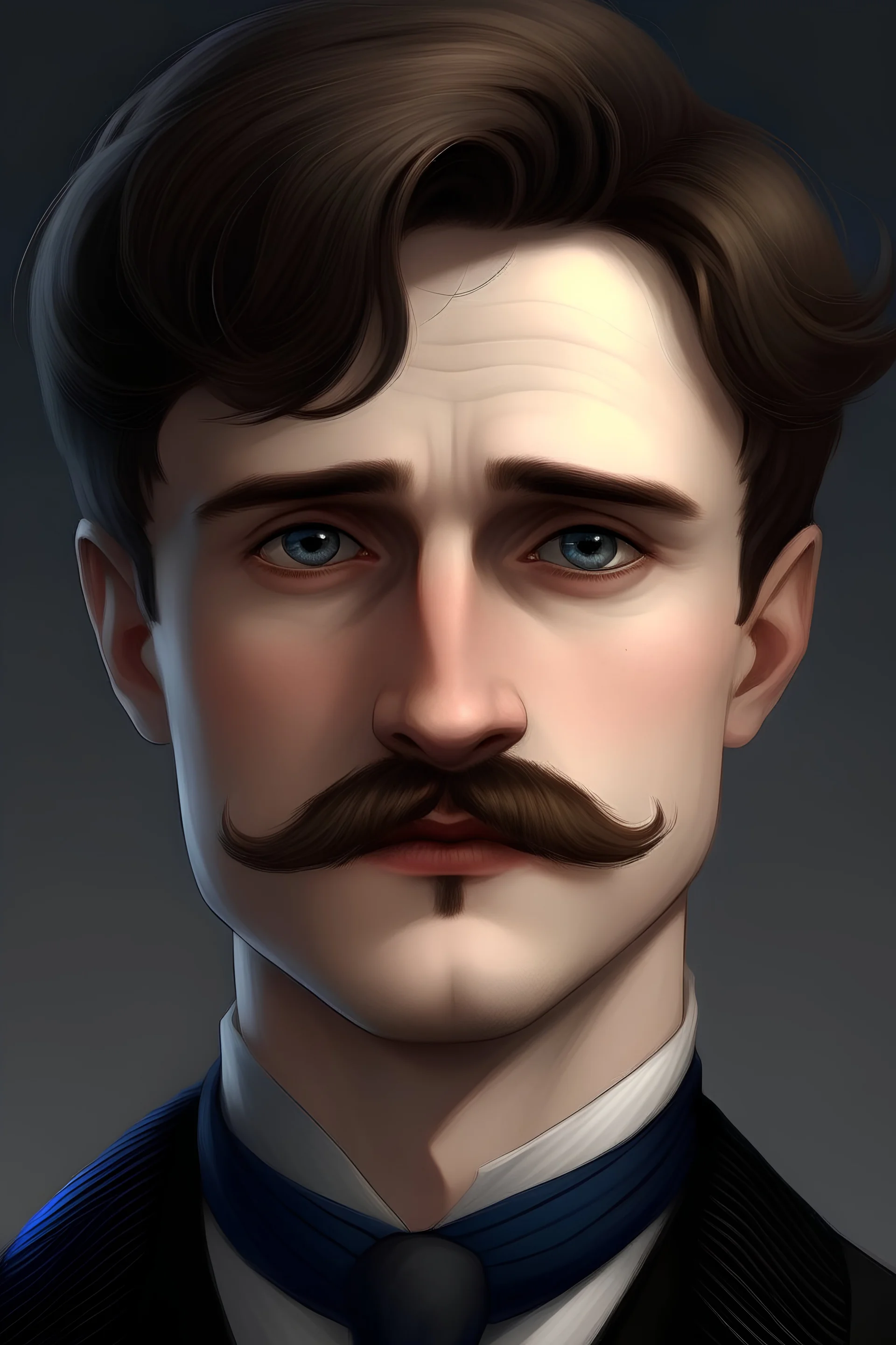Edward is a young man on the taller side with weary blue eyes and short brown hair, well trimmed moustache and a small cut on his lip., realistic grimdark