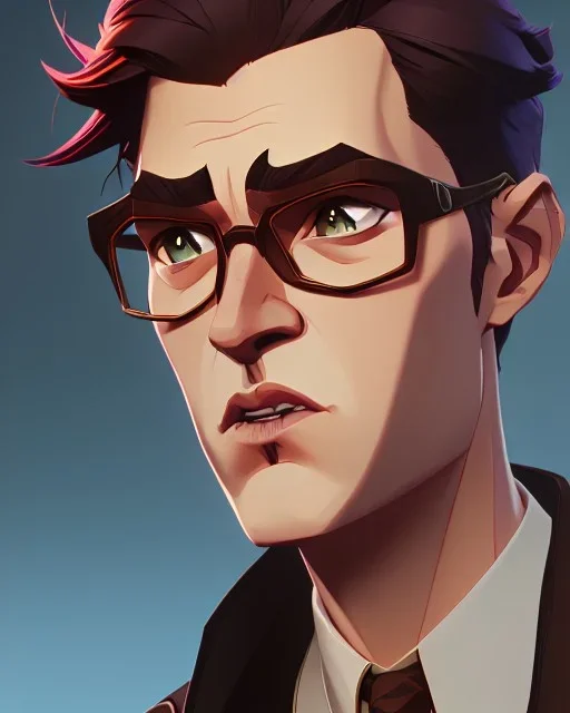 man in round glasses, wavy hair, slim, tie, two tone colours, detailed, realistic, handsome, square jaw, big brows, bird on the shoulder, spotlight