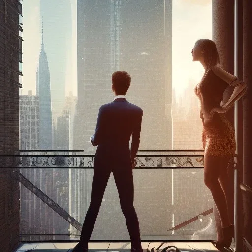 a man and a woman screaming at each other on a balcony, downtown new york, dramatic, dramatic lighting, volumetric lighting, hyperrealism, 8k, high quality, photorealistic, lot of details