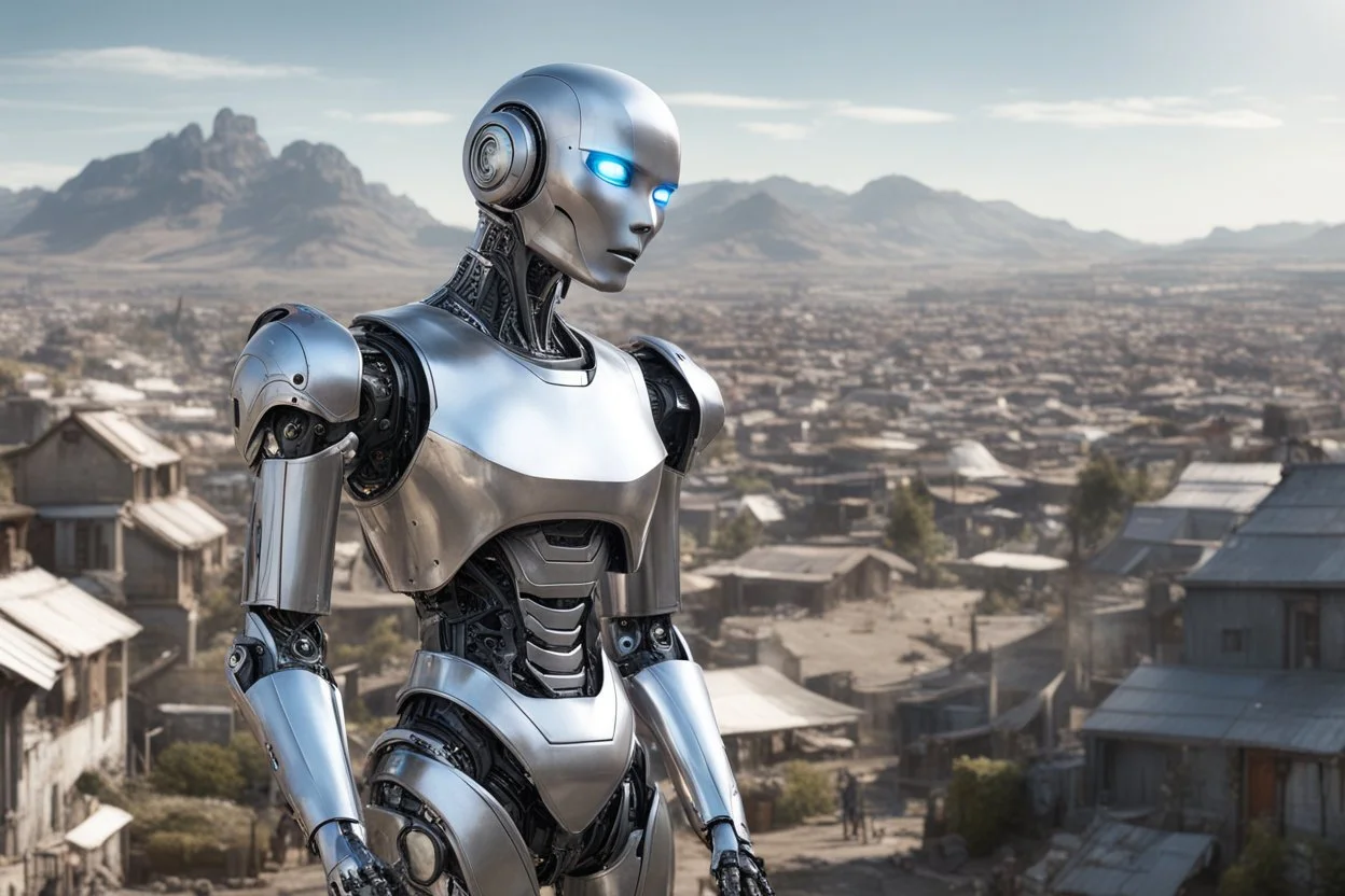 silver humanoid robot, with a human face, standing looking over a small alien town