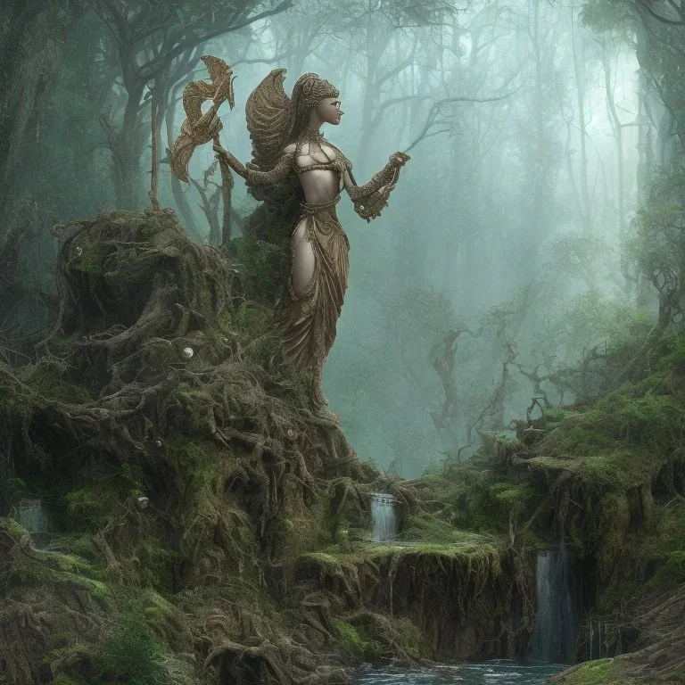 old one statue rock godess athena, abandoned between moutain, swamp, water, glass, fog, highly realistic, highly detailed, intricate, 8k