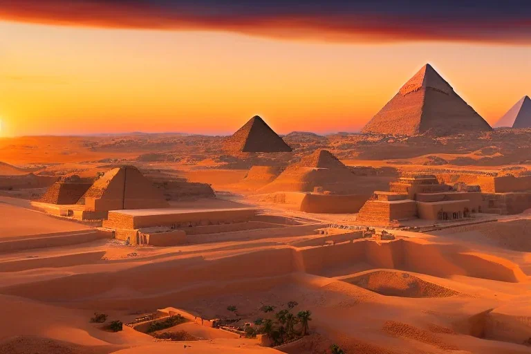 An ancient Egypt city at sunrise with 2 pyramids in the background, by matthieu lauffray, beautiful Egyptian temples, stunning environment, perfect composition, oil on canvas, super highly detailed, wide-angle, diffused lighting,8 k Uhd