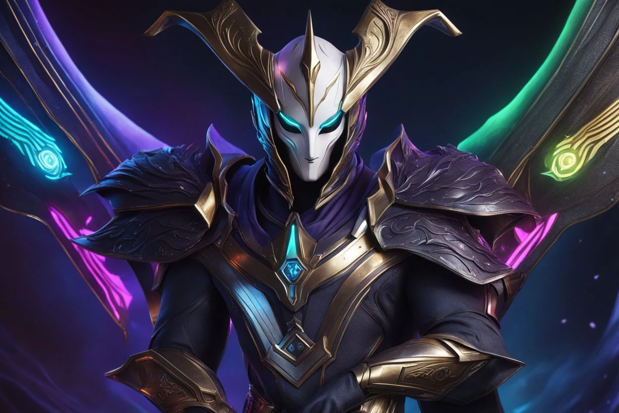 Dark cosmic Jhin in 8k live action artstyle, white mask, normal eyes, wapen, close picture, neon lights, intricate details, highly detailed, high details, detailed portrait, masterpiece,ultra detailed, ultra quality