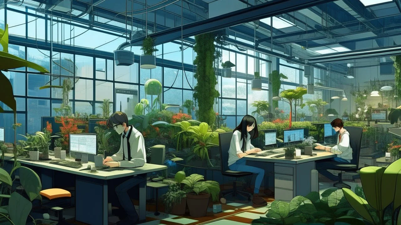 A digital painting by Kuniyoshi and Kandinsky of tech people working inside a futuristic workplace full of plants.