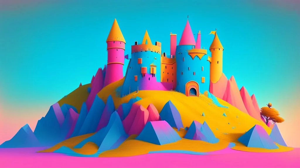 Pink, orange, yellow, dark blue and aqua blue castle on a hill