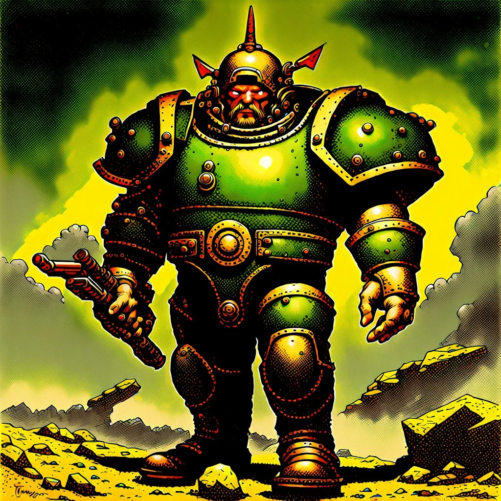 90's TCG art retro fantasy art of nuclear warrior with huge pauldrons in wasteland