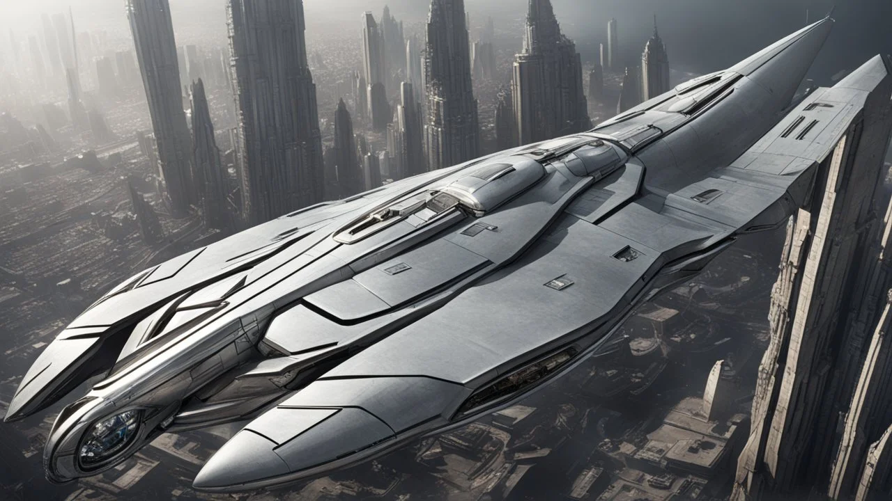 a photorealistic sleek silver spaceship flying over a futuristic ruined city